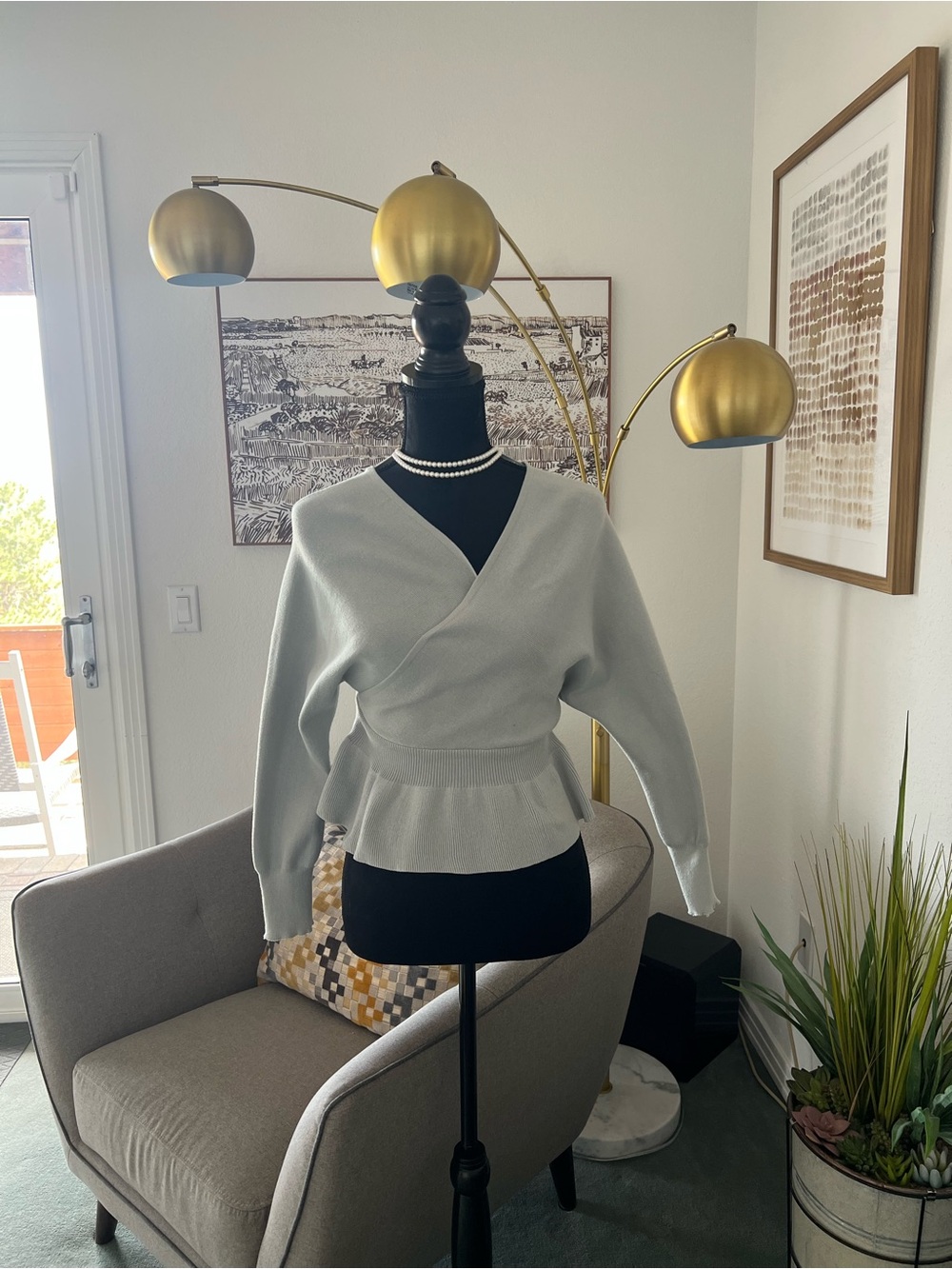 Cropped Wrap Peplum Sweater - Light Gray